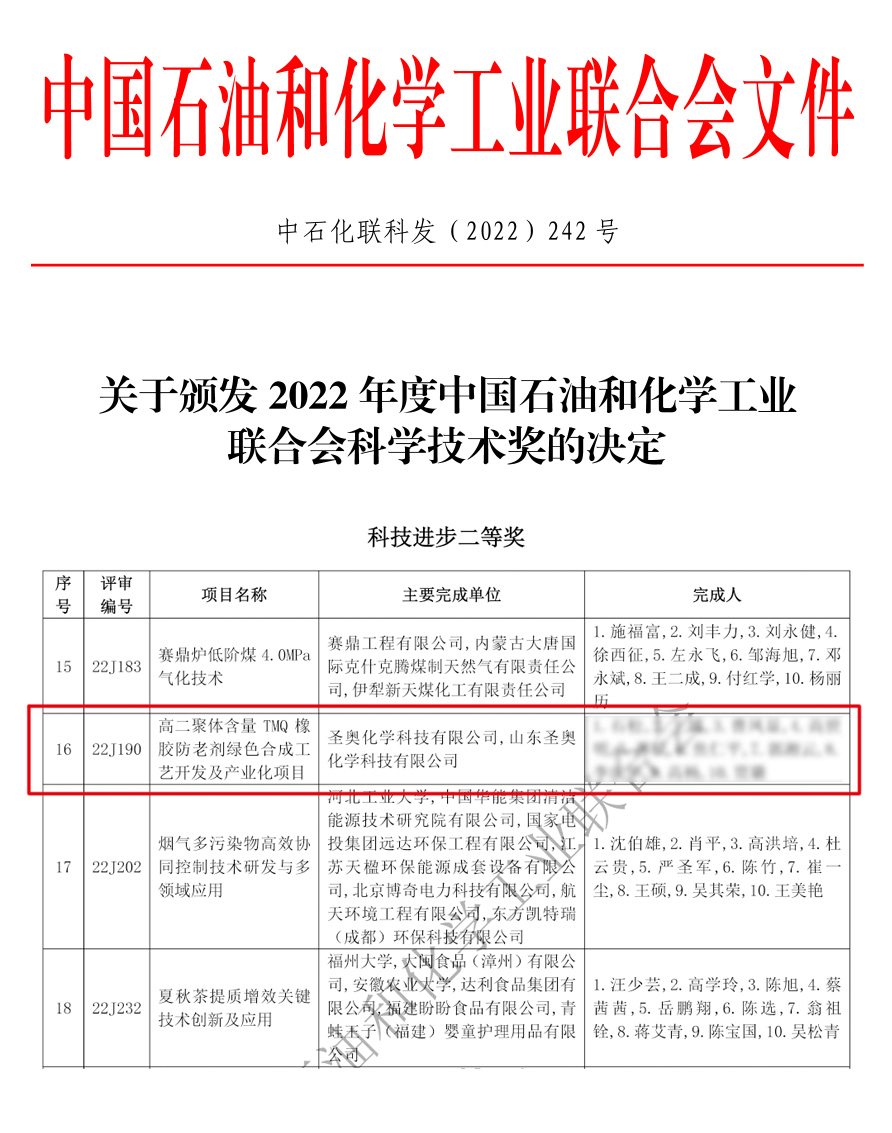 圣奥化学高二聚体含量TMQ项目荣获2022年度石...