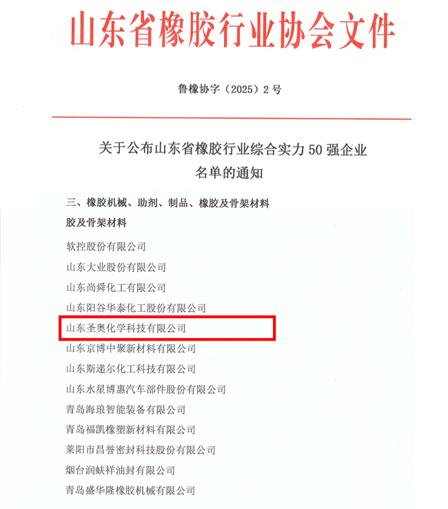 山东圣奥再次获评“山东省橡胶行业综合实力...